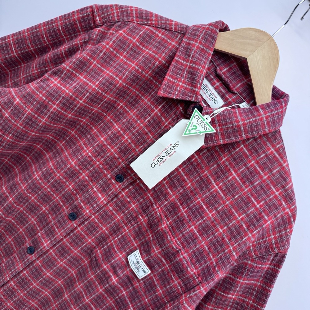 Guess Jeans Mens XL Red Plaid Flannel Button Down Shirt NEW